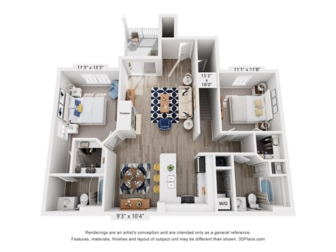 A 3D floor plan of a house with a kitchen, living room, and bathrooms.